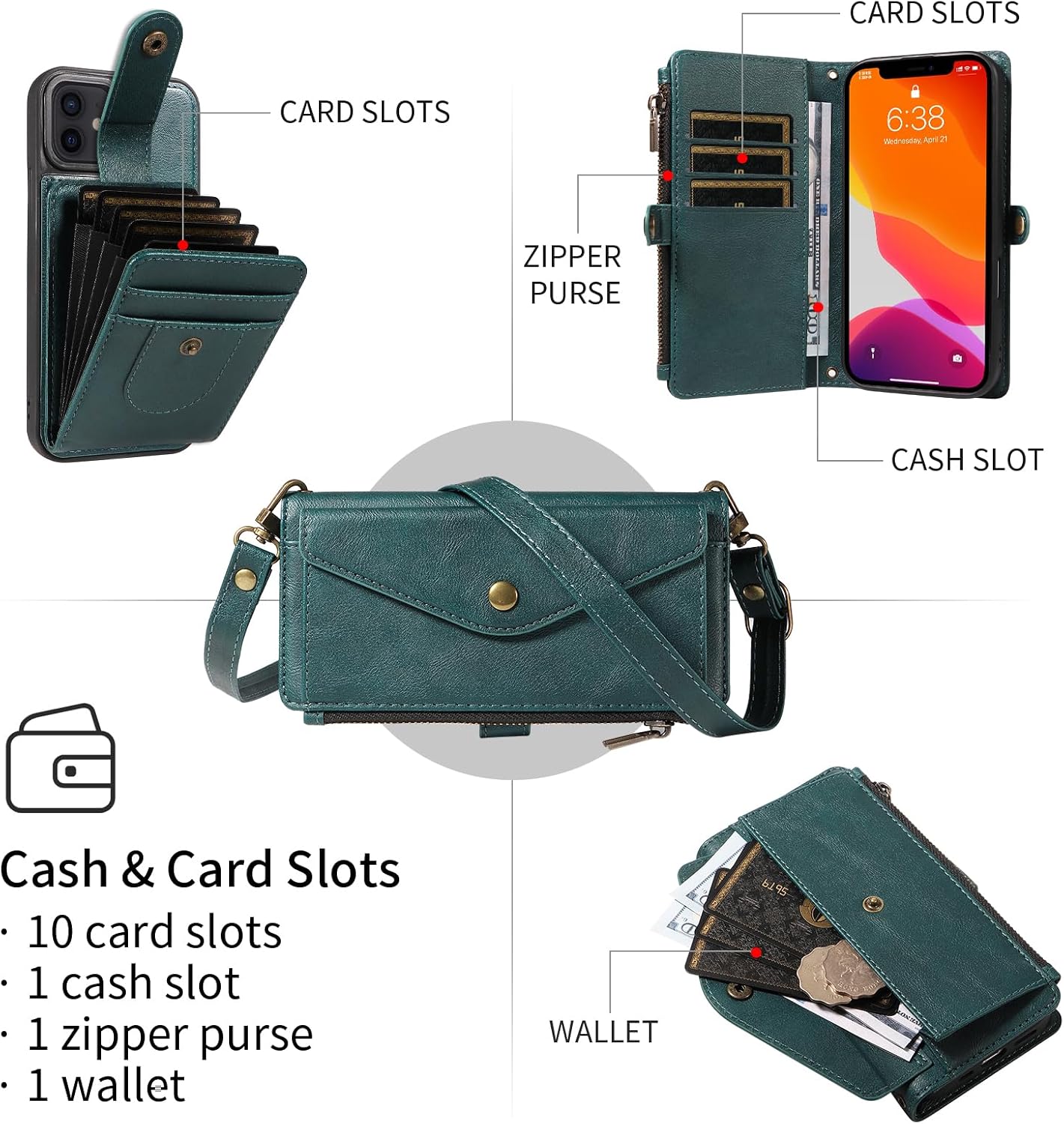 Caseurban Wallet Case for iPhone 12/12 Pro Compatible with Magsafe, Detachable Card Holder, PU Leather Handbag Phone Purse with Zipper, RFID Blocking Strap Lanyard Kickstand Magnetic Phone Case