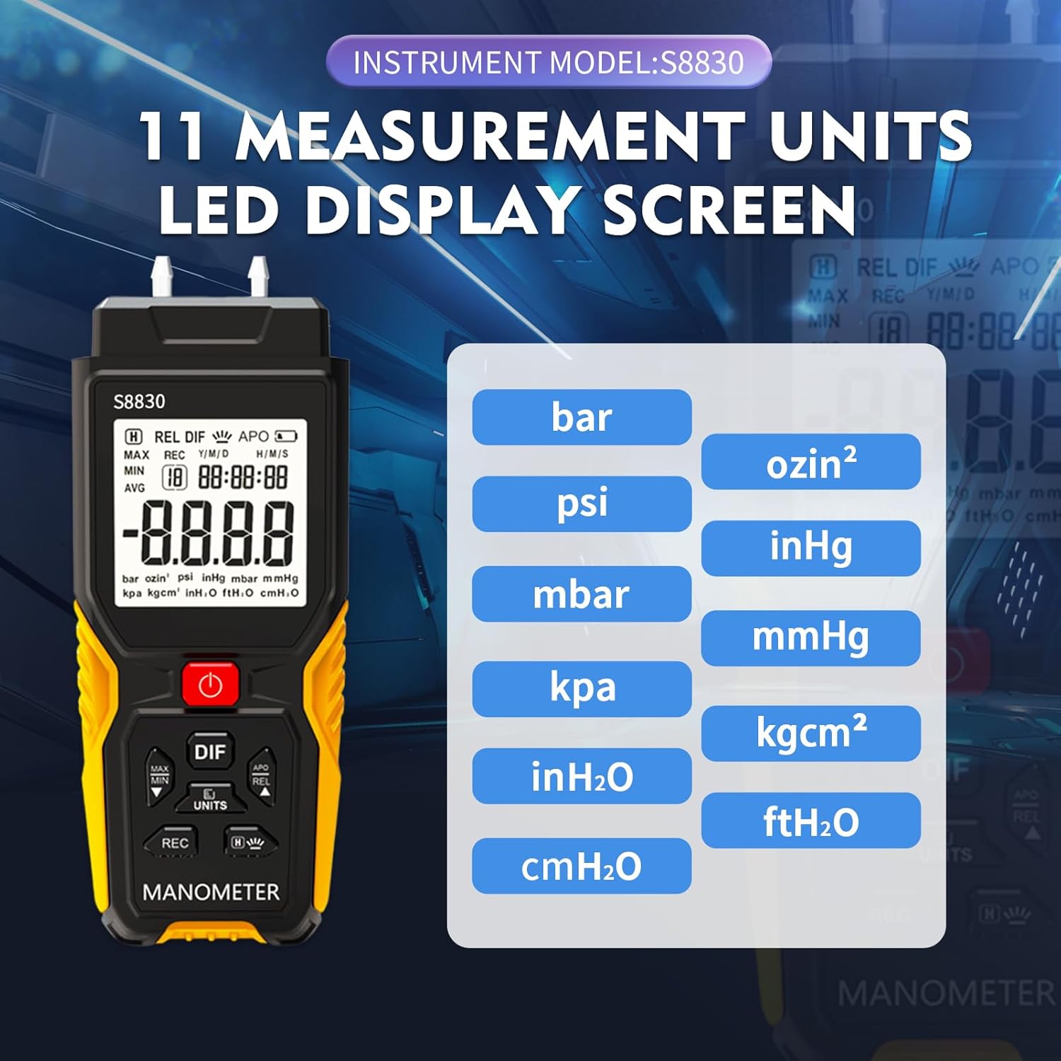 Dual-Port Manometer with Storage Box,36.8kPa/147.7inH2O Air Pressure Meter,HVAC Digital Manometer Gas Pressure Tester,11 Selectable Units,Positive/Negative Pressure/Differential Pressure Gauge