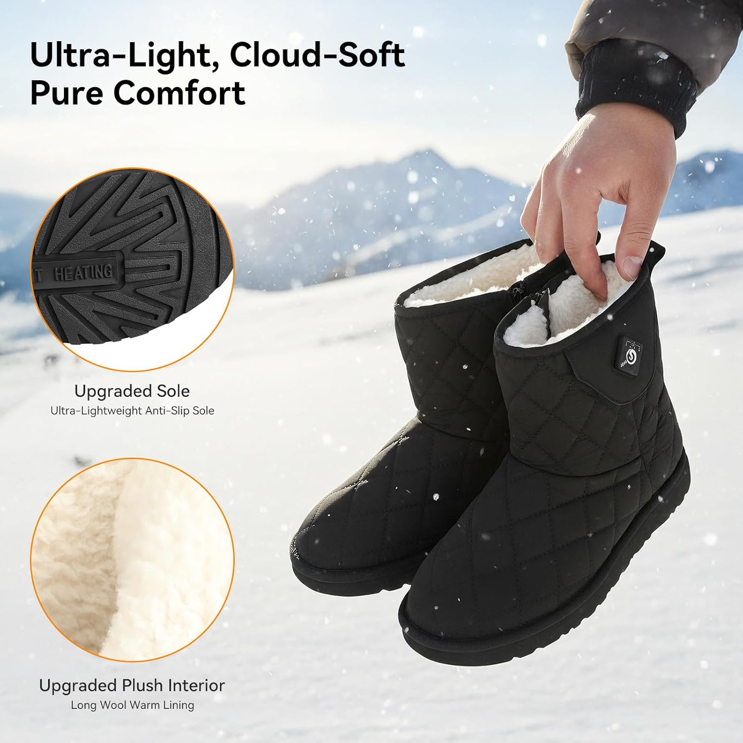 BARCHI HEAT Heated Boots for Women Men with 3-Levels & 2x2200mAh Battery Packs Electric Rechargeable Snow Boots 3S Fast Heating IP65 Waterproof Heated Booties for Daily Indoor Outdoor Use