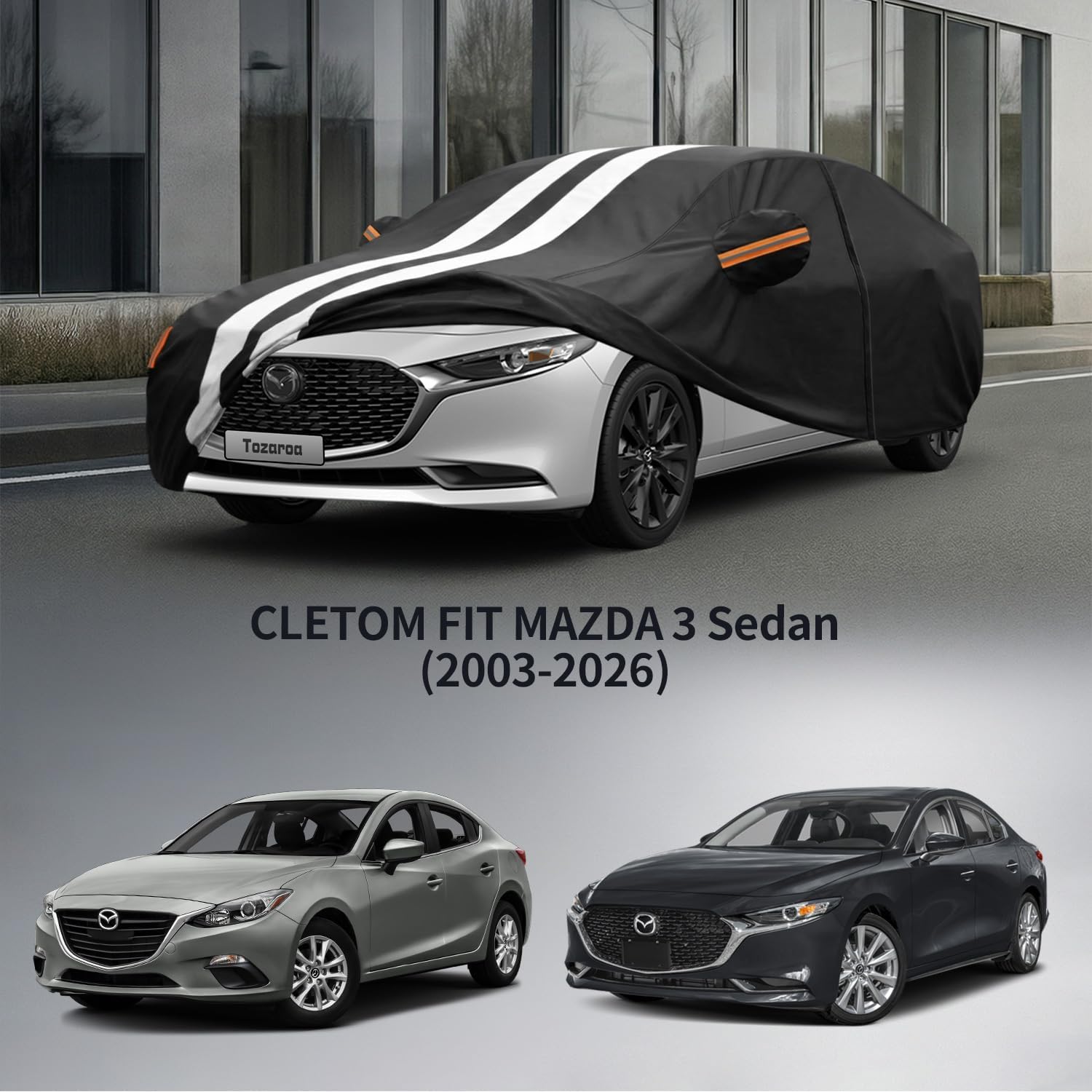 Multi-Layer Car Cover Custom Fit for Mazda 3 Sedan (2003-2026), 100% Waterproof All Weather for Automobiles, Gift with Towel, Heavy Duty Car Covers for Rain Sun UV Protection with Door Zipper.