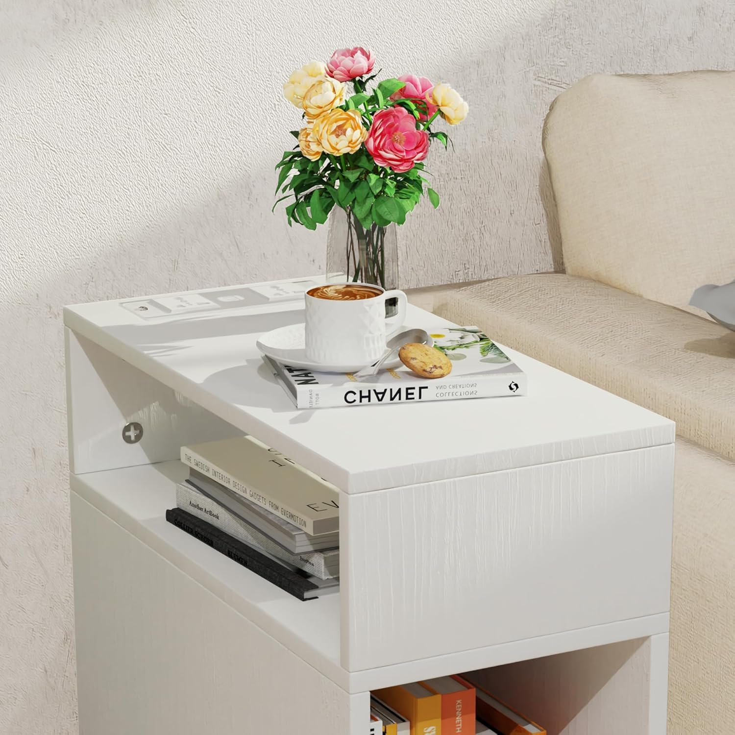 Comodino Stretto Alto con Ruote e 2 Scomparti 25x50x70cm Blanc