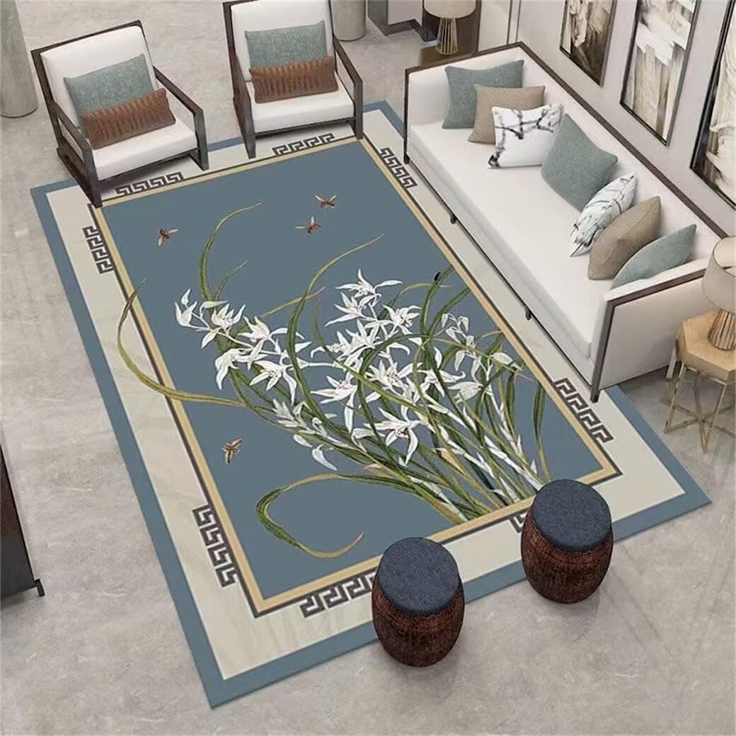 Tapis de salon gris bleu 200x250cm lavable et imprimé botanique pour chambre