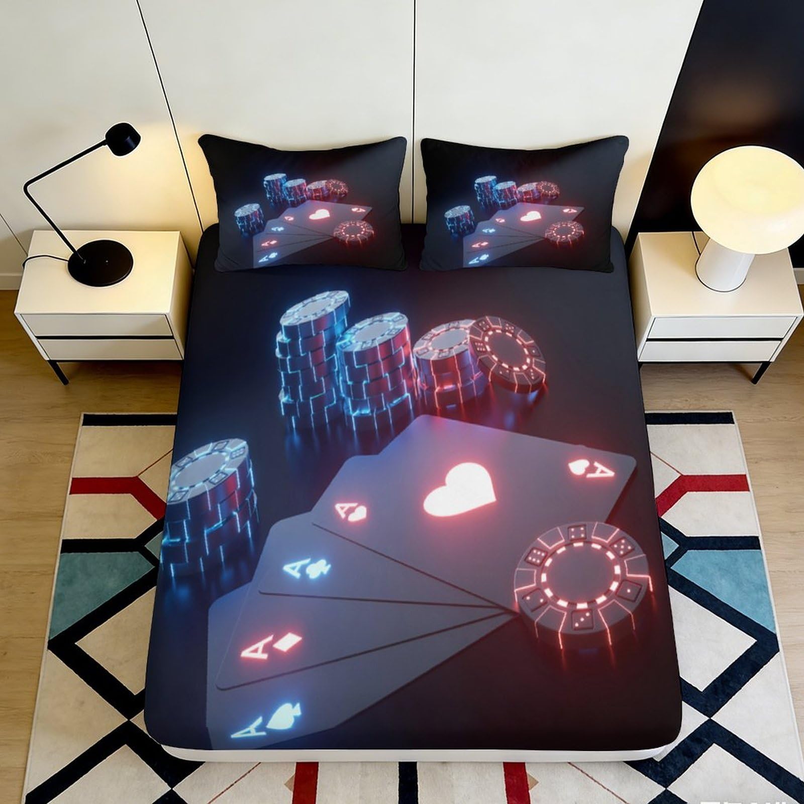 3D Printed Poker Chips Fitted Sheet Microfiber Soft Breathable Playing Cards Bed Cover for Bedroom Dorm Decor 90x200x25cm