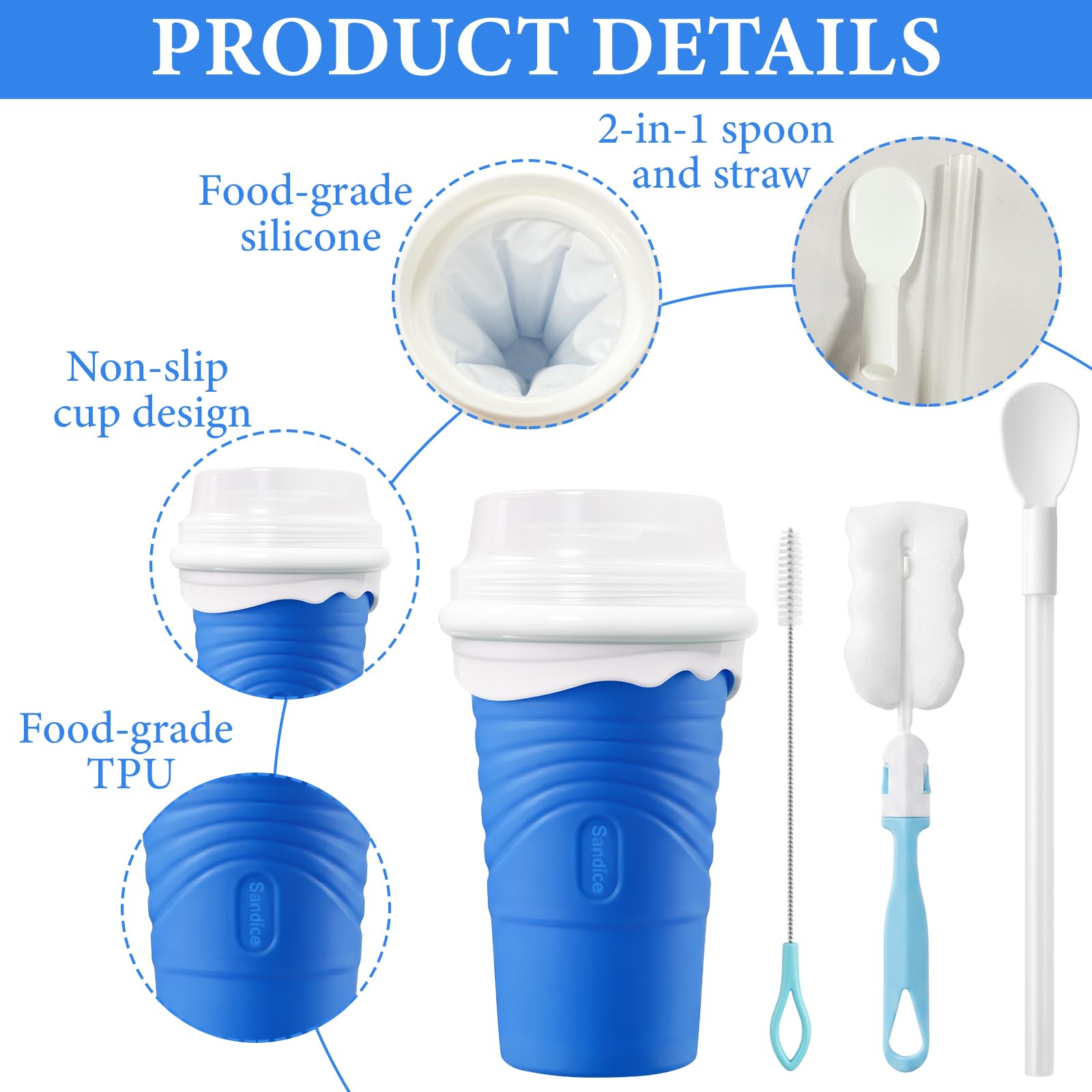 Slushy Maker in Silicone da 500 ml, Tazza per Slush e Granita e Smoothie Fatto in Casa, Con Cucchiaio-Cannuccia 2 in 1 e Spazzola per Pulizia, Riutilizzabile, per Casa, Picnic e Campeggio (Blu)