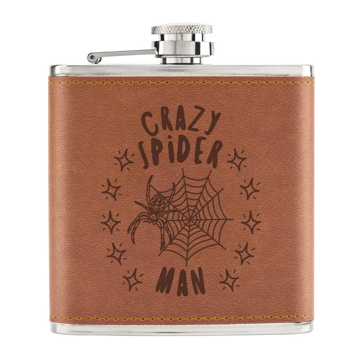 Crazy Spider Man Stars 6oz PU Leather Hip Flask Tan