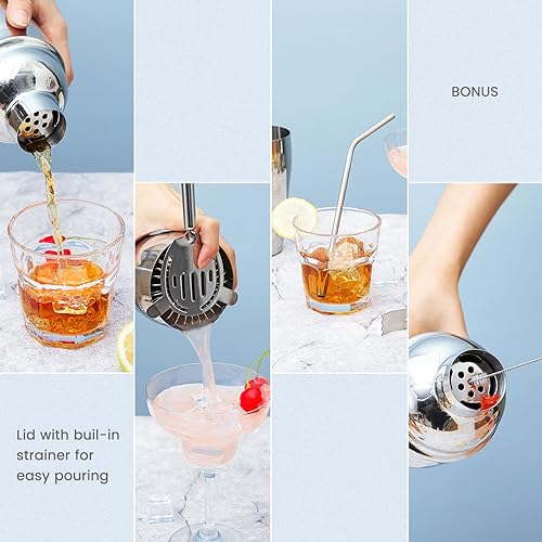 Miniatura 4 de Juego de coctelera de 15 piezas, kit de barman con todos los accesorios esenciales de barra, kit de coctelera de Martini con soporte y recetas