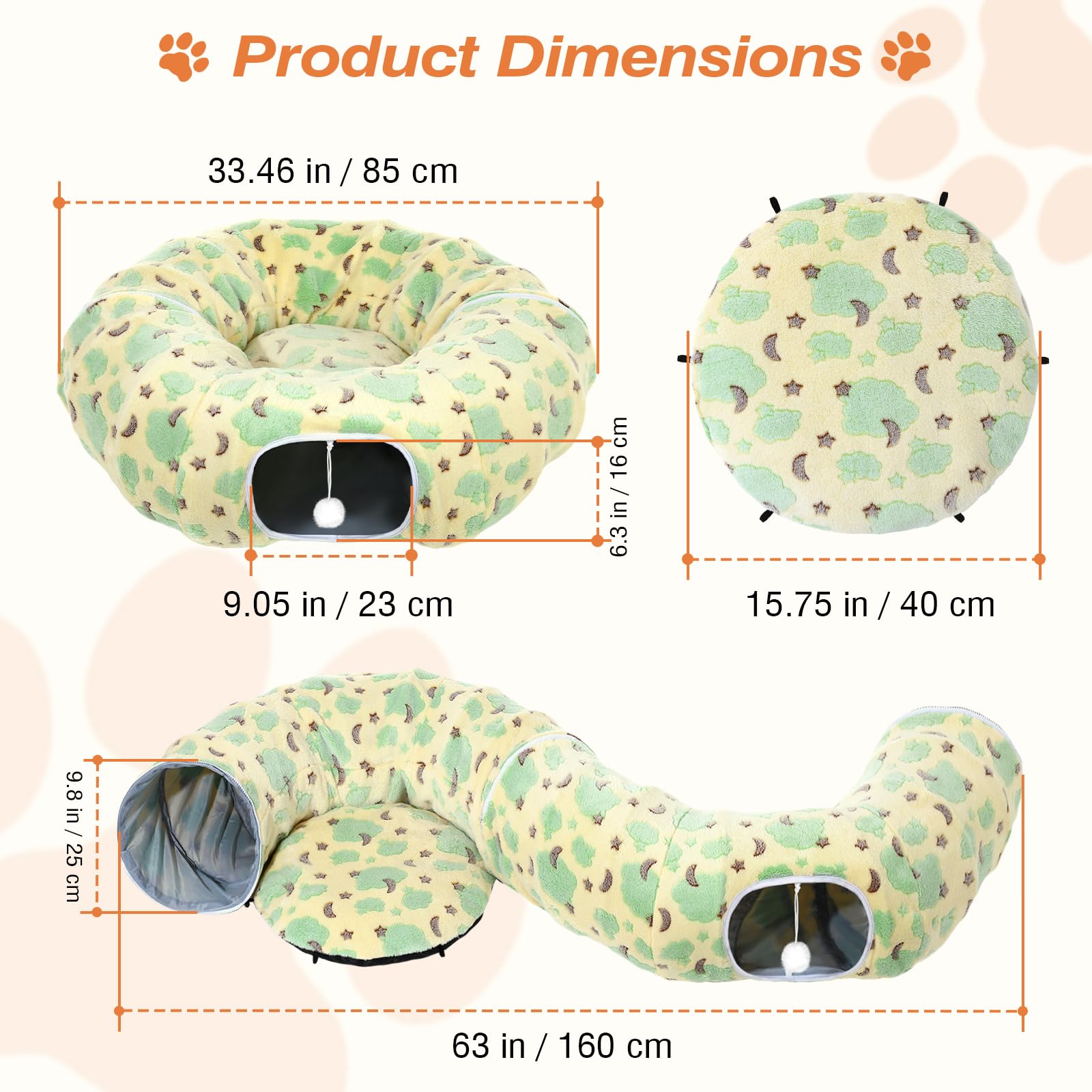 Tunnel per Gatti da Interno, Letto-Tunnel in Peluche 90 cm con Palla Giocattolo e Cuscino Circolare, Grotta Interattiva Peekaboo, Regalo per Gatti e Coniglietti, Giallo & Nuvole