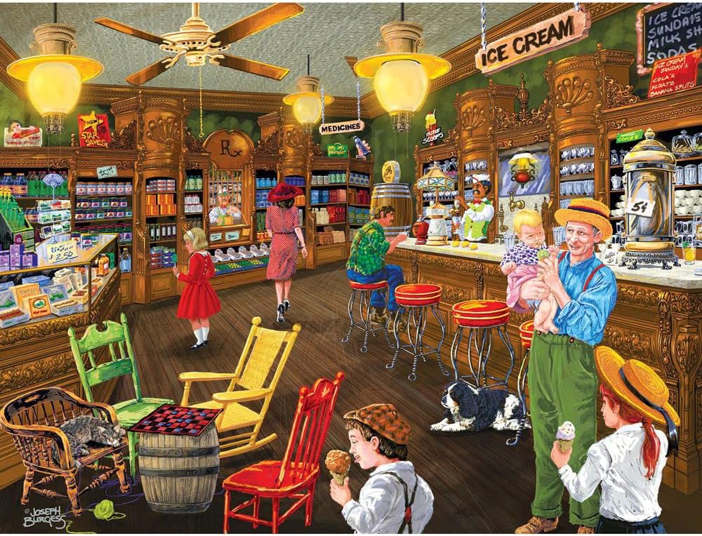 Bits and Pieces - 300 Large Piece Jigsaw Puzzle for Adults - Ice Cream's Good Old Days - 300 pc Small Town Store Jigsaw by Artist Joseph Burgess