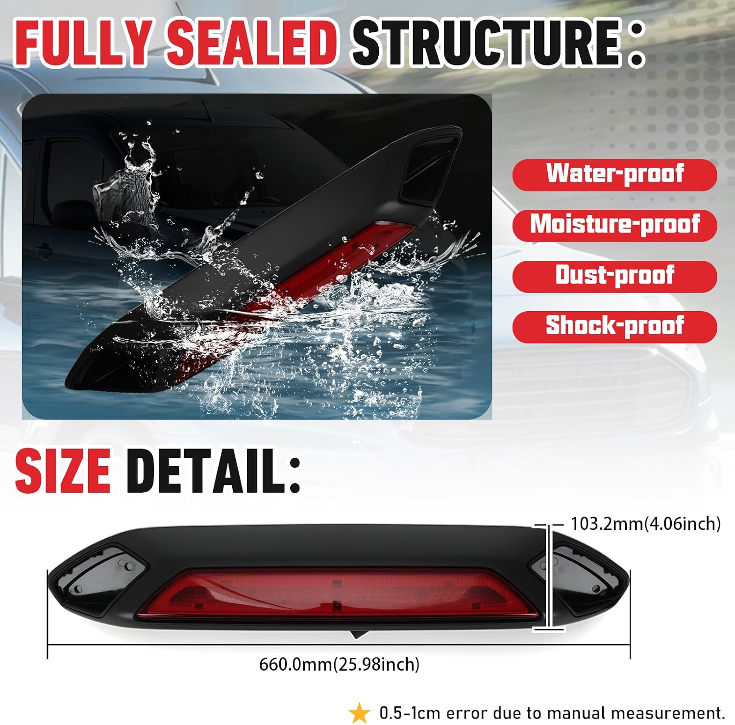 PTNHZ 923-127 Rear High Mounted Third Brake LED Light Compatible With 2018-2019 Ford Transit 150 250 350 350 HD JK4Z13A613AA JK4Z13A613AD