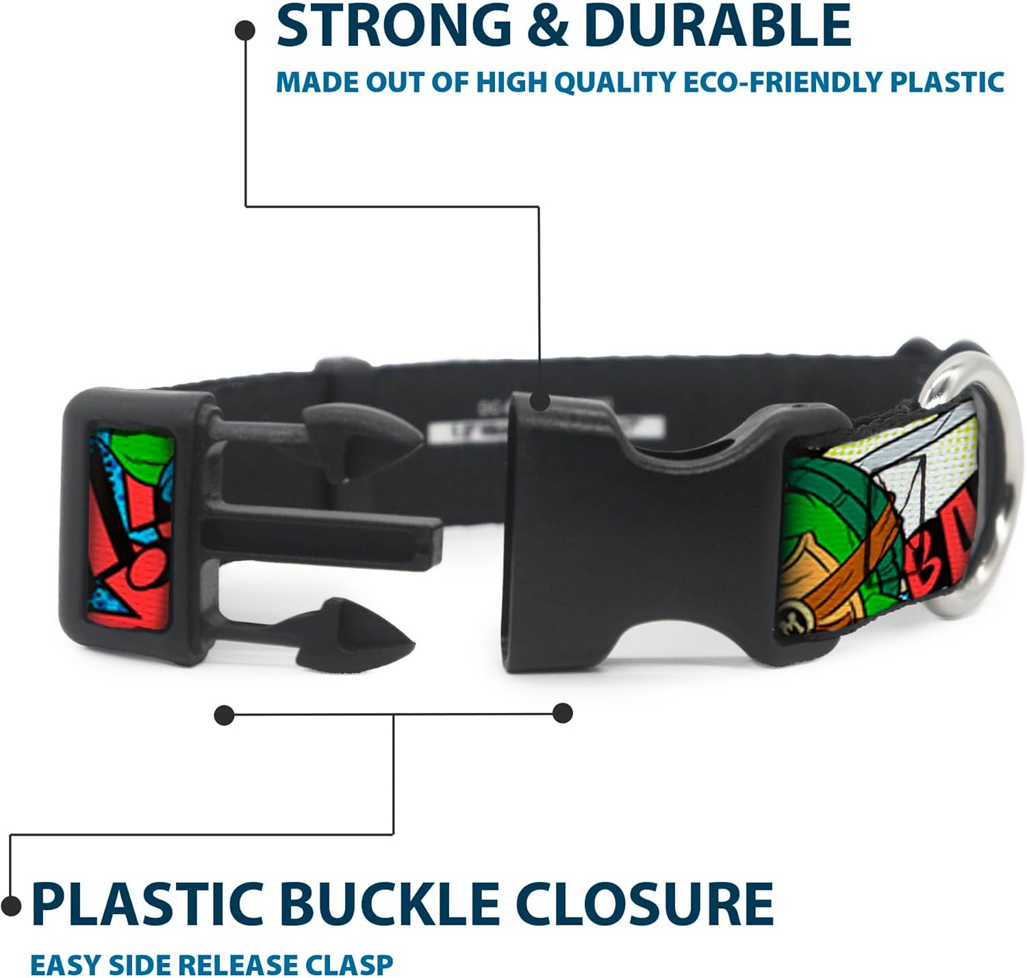 Nickelodeon Pet Collar, Dog Collar Plastic Buckle, Ninja Turtles Action Poses Action Bubbles Dots Blues, 13 to 17 Inches 1.5 Inch Wide