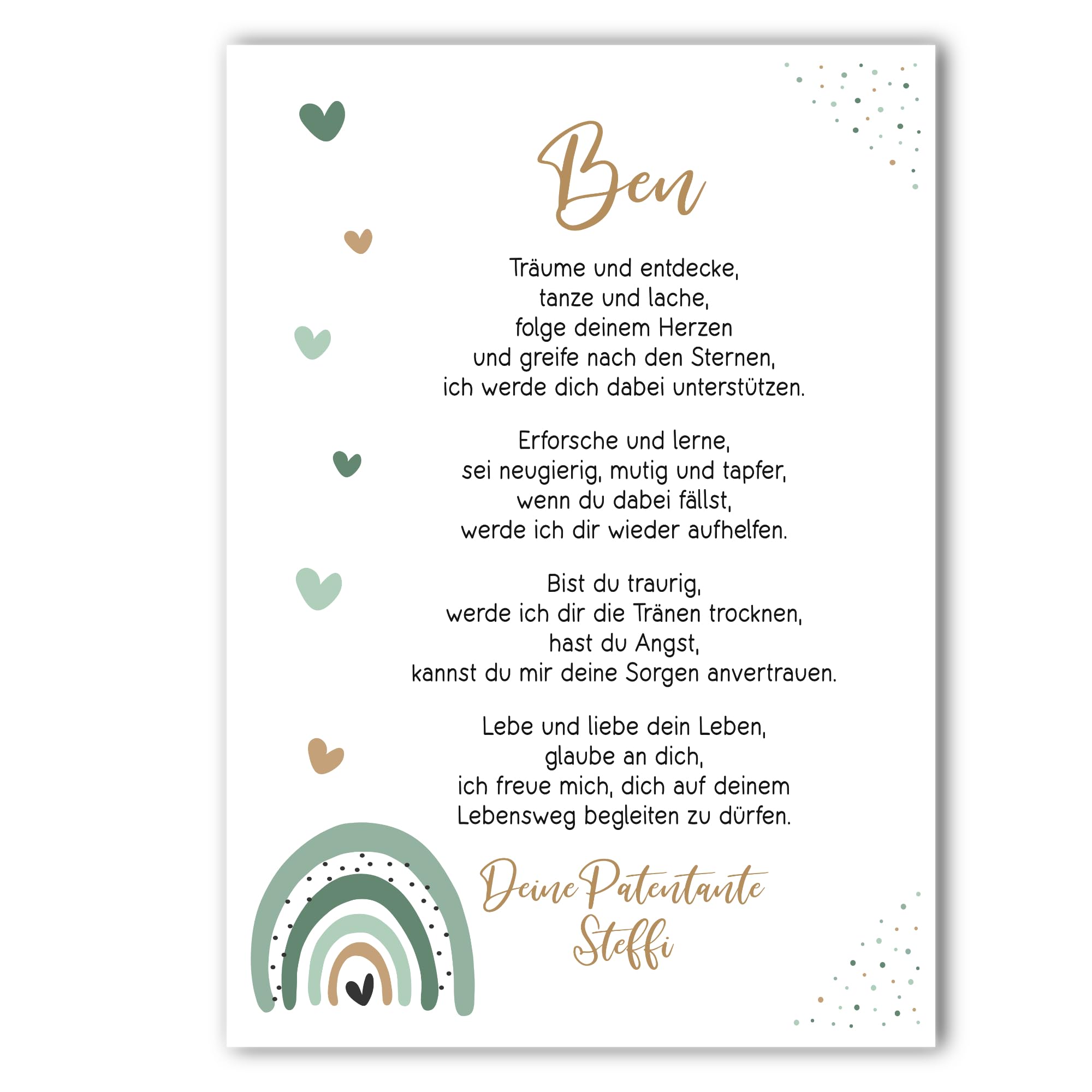 Taufgeschenk Kunstdruck | Taufe Poster | personalisiert | Patenbrief Patenkind | Regenbogen | Junge oder Mädchen (Grün)