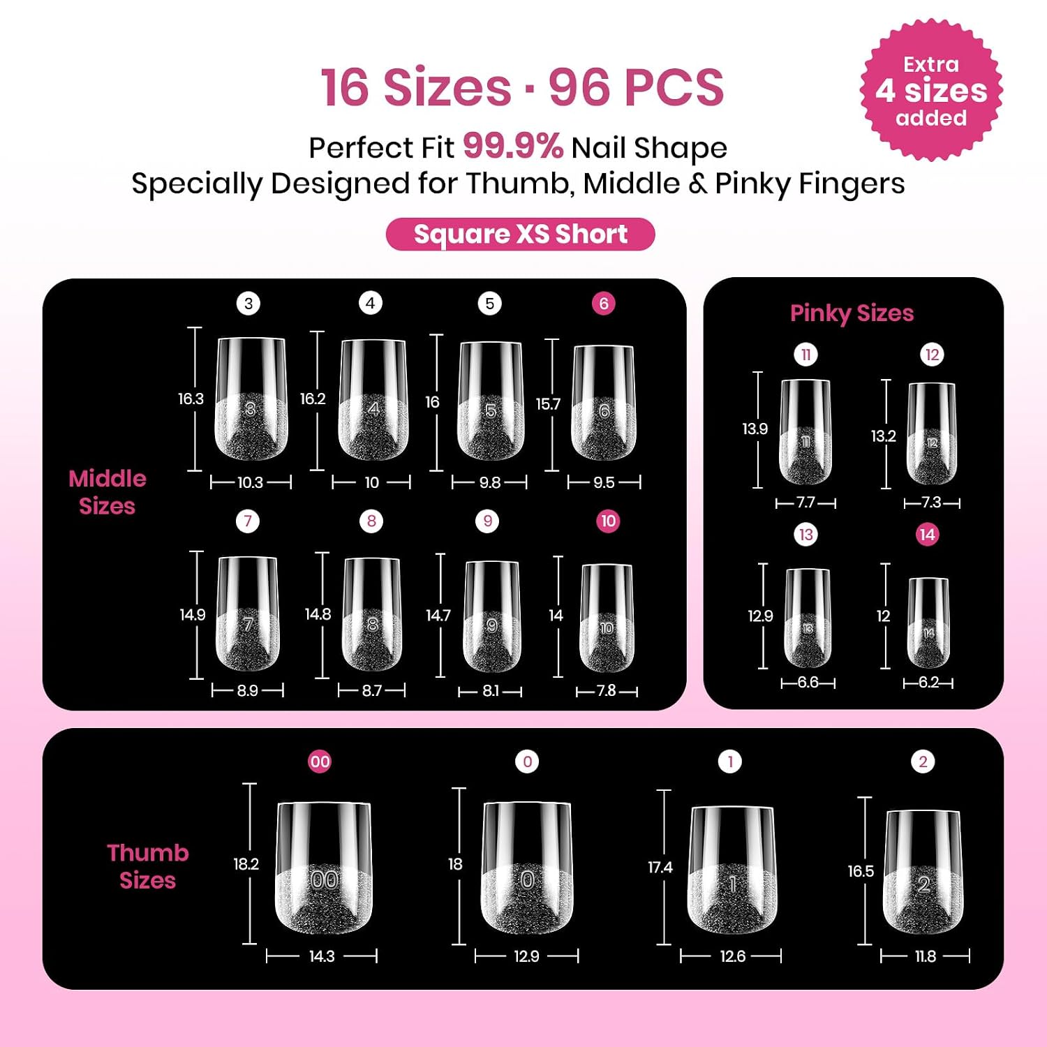 Beetles Tipex Lite Instant Apex Nail Tips, XS Square, No Builder Gel Needed, 16 Sizes 00-14 for DIY Salon-Look Extensions