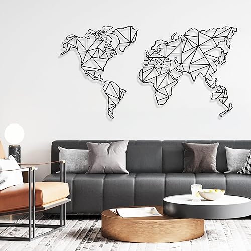 Arte de pared de mapa del mundo de metal, decoración de mapa geométrico del mundo de 2 piezas, decoración de pared de metal, decoración de pared de