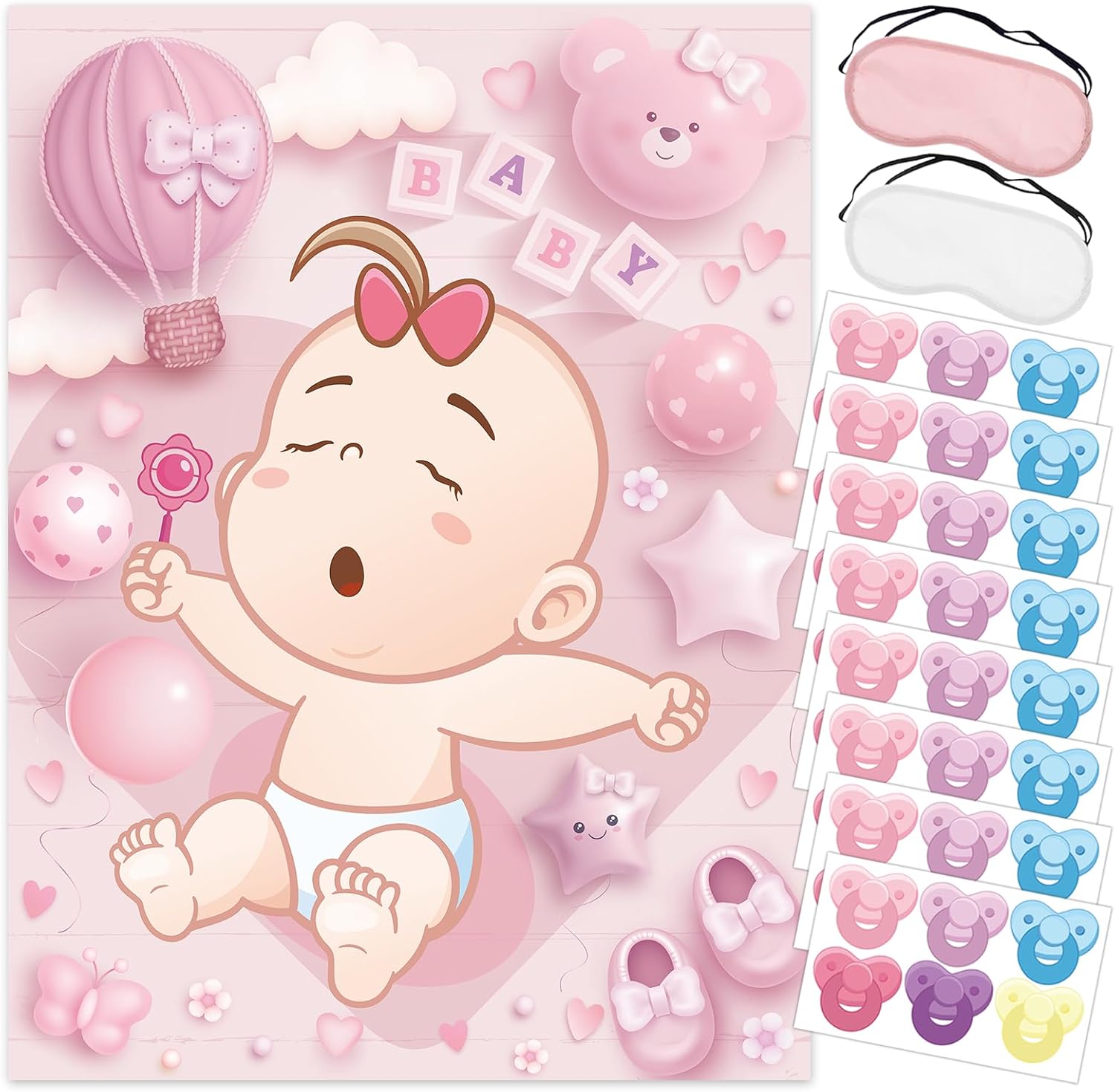 Pin The Pacifier On The Baby Shower Games Balloon Baby Shower Decoration with Large Poster 48 Stickers Blindfold Pin Game for Birthday Party Decorations Activities Supplies(Pink)