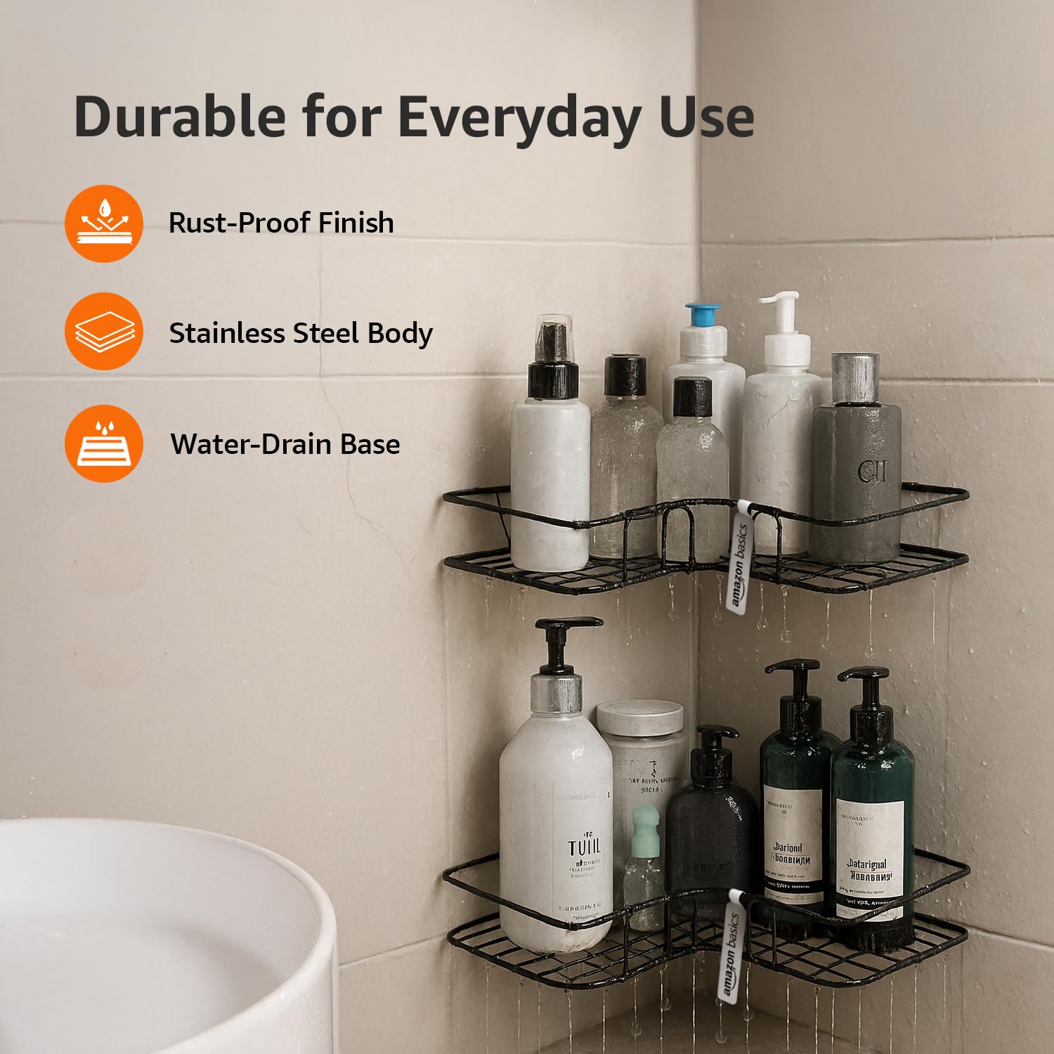 Amazon Basics Modern Wall Mounted Corner Rack for Bathroom | Mild Steel Storage Shelf for Toiletries, Shampoo, Soap & Accessories| Self adhesive | Rust-Resistant, Easy to Clean, Space-Saving Organizer β 27.5 x 27.5 x 6.2 cm, Pack of 2, Black 4