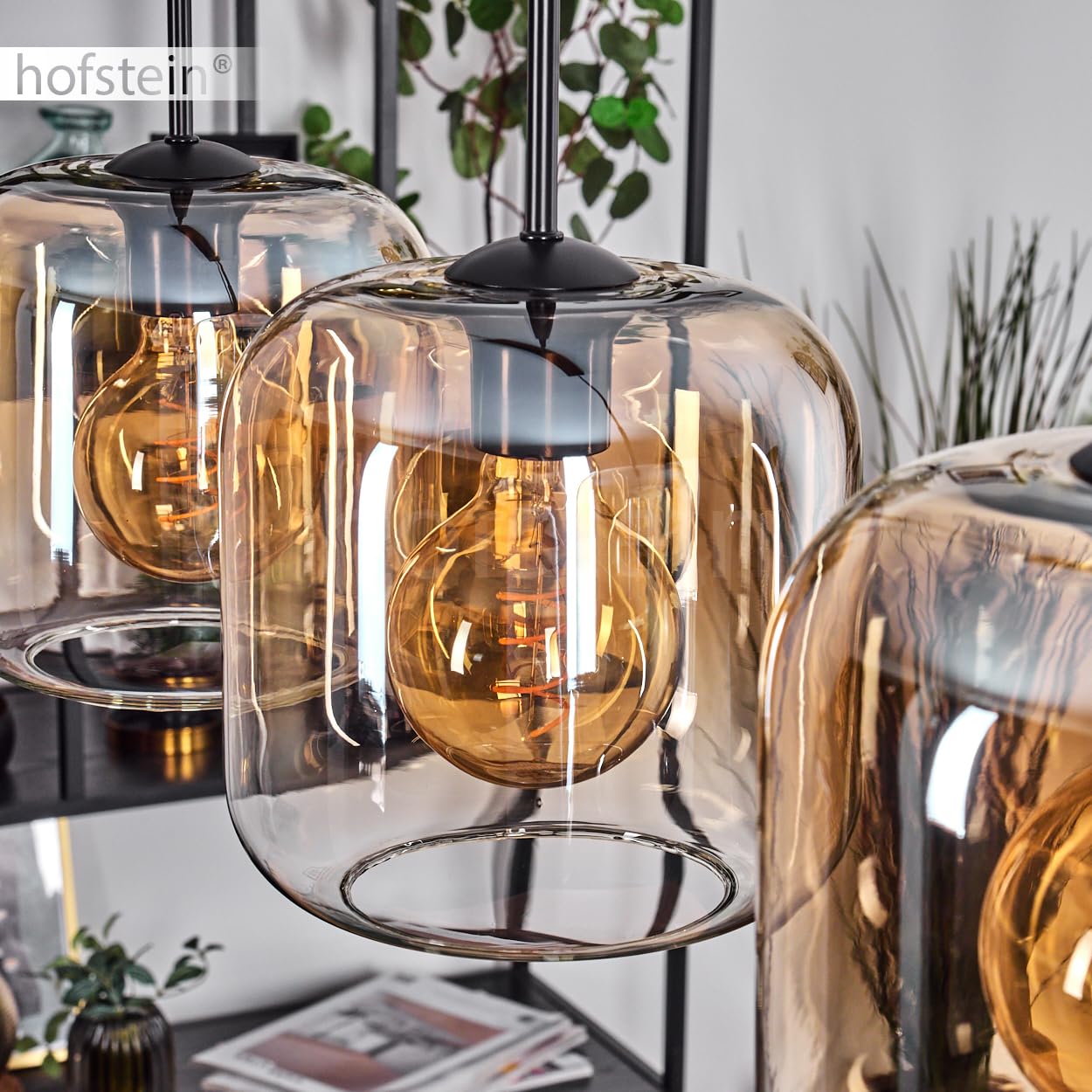 Pendelleuchte Lauden, Pendellampe aus Metall/Glas in Schwarz/Bernsteinfarben/Klar, Leuchte im modernen Retro/Vintage-Design mit Schirmen aus Glas (Ø 20 cm), Höhe max. 150 cm, 3x E27, ohne Leuchtmittel
