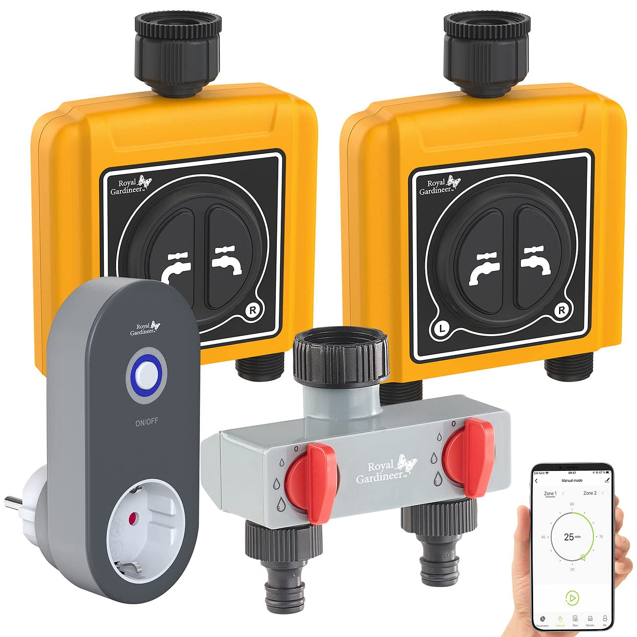 Royal Gardineer Bewässerungs-Ventile: WLAN-Bewässerungscomputer mit 2 Dual-Ventilen, 2-Fach-Wasserverteiler (Dual Bewässerungsventil, Bewässerungsystem, Home)