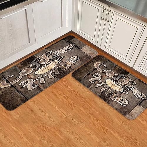 Miniatura 2 de Juego de 2 tapetes de cocina con letras grunge, moderno, hora de café y taza de café, retro, de madera, duradero, alfombras de granja, lavables,