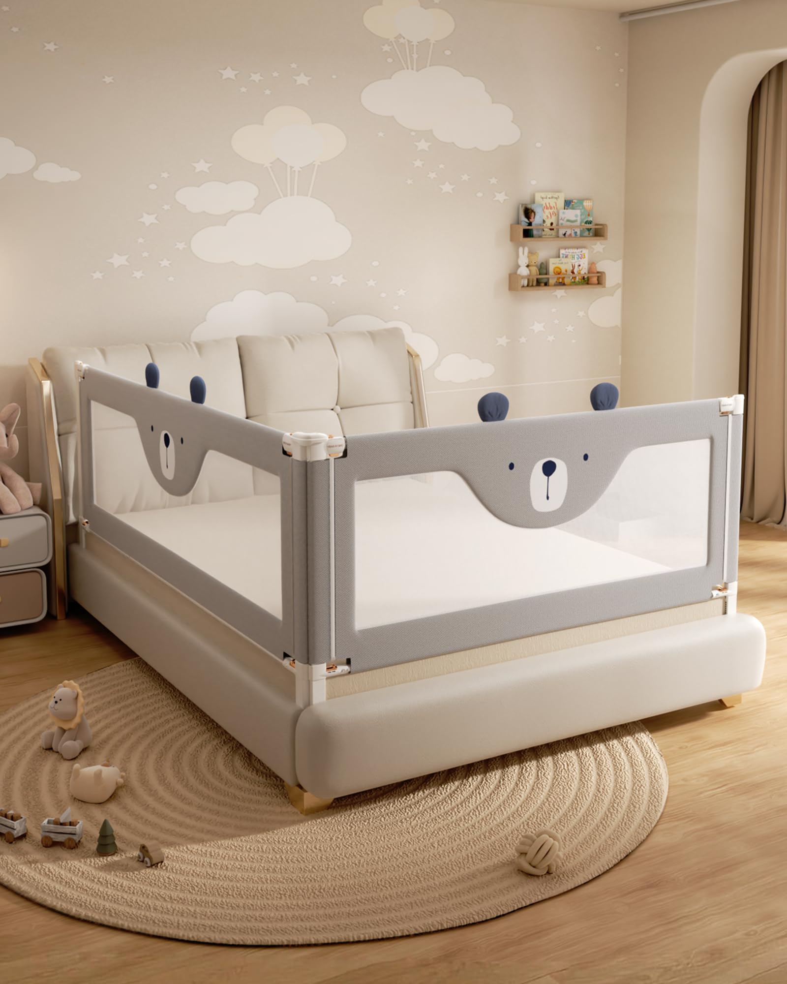 Photo 1 of 2 Piece Full Size Bed Rails for Toddlers, No-Drill Needed Baby Bed Rail Guard with Height Adjustable, Thickened Child Safety Side Railing Guards/Bedrail for Kids,Grey Bear Cute Design, 54x74.8Inches