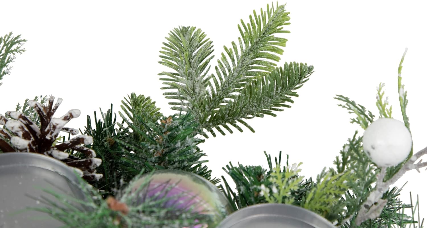 Pine and Berries Triple Candle Holder with Iridescent Christmas Ornaments - 32"