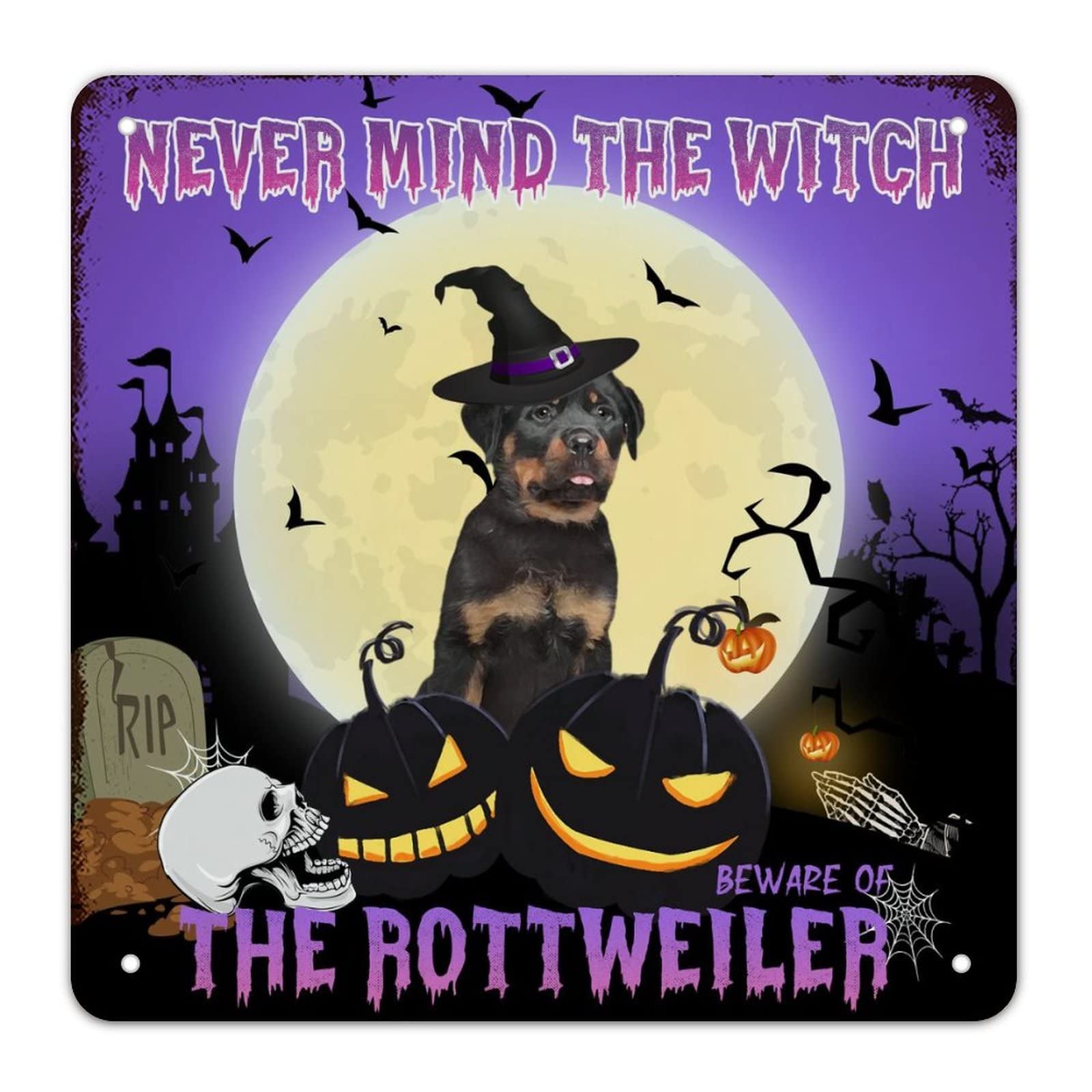 Guangpat Style-9 Retro Halloween Sign Pumpkin Lantern Decor Skeleton Cemetery Ghost Bats Metal Sign Witch Rottweiler Dog Halloween Signs Beware Of The Dog Wall Art Rustic Home Decor For Bedroom Garage 12X12 Inch