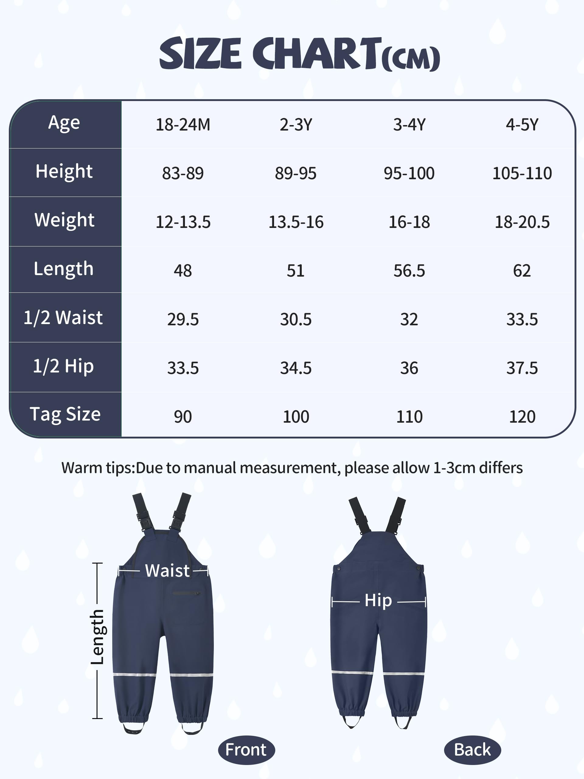 Volunboy Pantalon de Pluie à Bretelles Garçons 1-5 Ans - Imperméable Coupe-Vent Léger, Anti-Boue Séchage Rapide