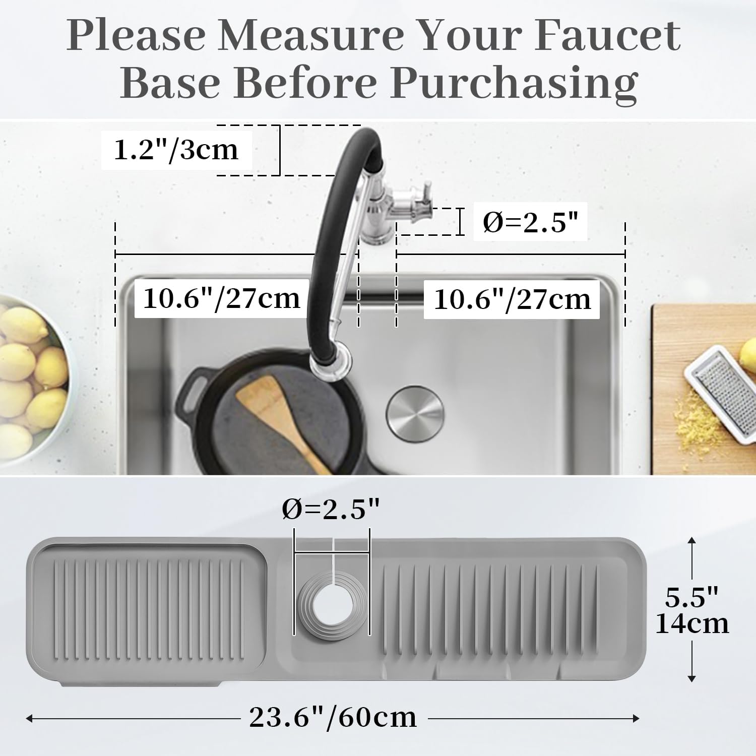 PoYang 24 Inch Faucet Mat for Kitchen Sink Splash Guard Behind Faucet, Sink Protectors for Kitchen Sink Faucet Mat Splash Guard for Kitchen Sink Area, Longer Silicone Faucet Guard & Draining Mat, Grey