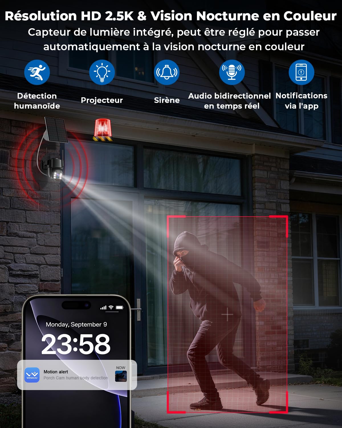 Camera Surveillance WiFi Exterieure sans Fil Solaire 2.5K 4MP avec Panneau Solaire 5W, 2K QHD, Batterie 8000mAh, 2.4G et 5GHz Wi-FI, 360° PTZ Suivi Automatique, IP66, PIR Détection