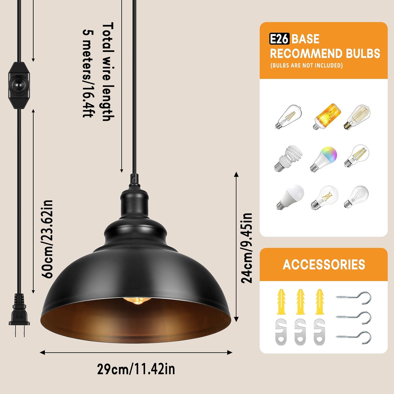Lightess Black Pendant Lights Dimmable with Plug in Cord and ON/Off Dimmer Switch, Industrial Hanging Kitchen Island Light Fixture, LG9925343
