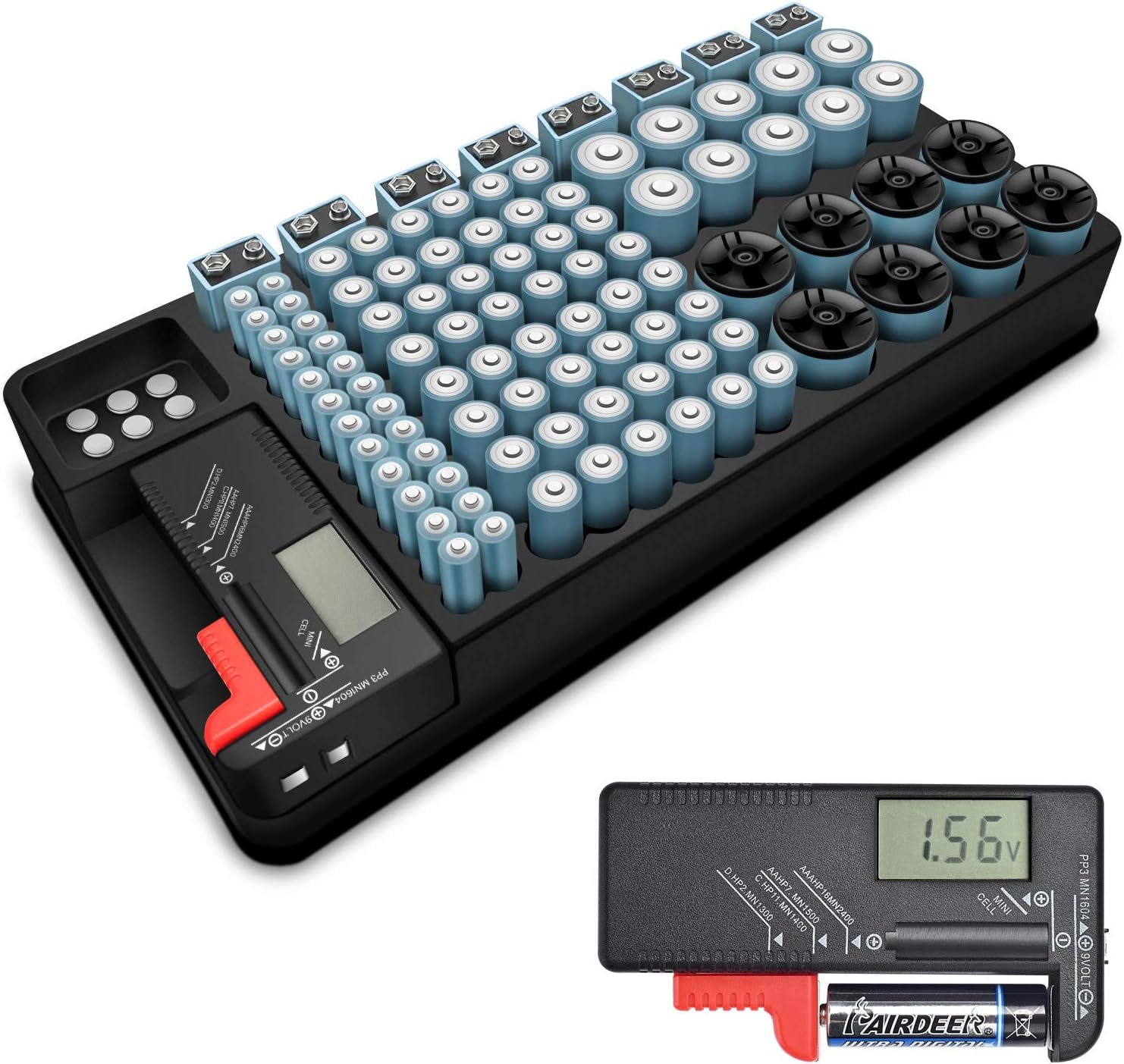 Kwasyo Battery Storage Organizer Case, Batteries Storage Box Holder with Removable Battery Tester-Holds 110 Different Size Batteries for AAA, AA, 9V, Flat Batteries, C & D Size(Not Included Batteries)