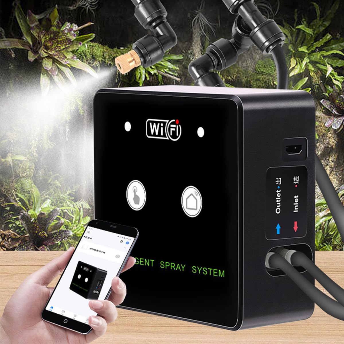 Sistema de nebulización temporizada con tanque de selva tropical con wifi ajustable de 360°, caja para tortugas trepadoras pulverizador automático