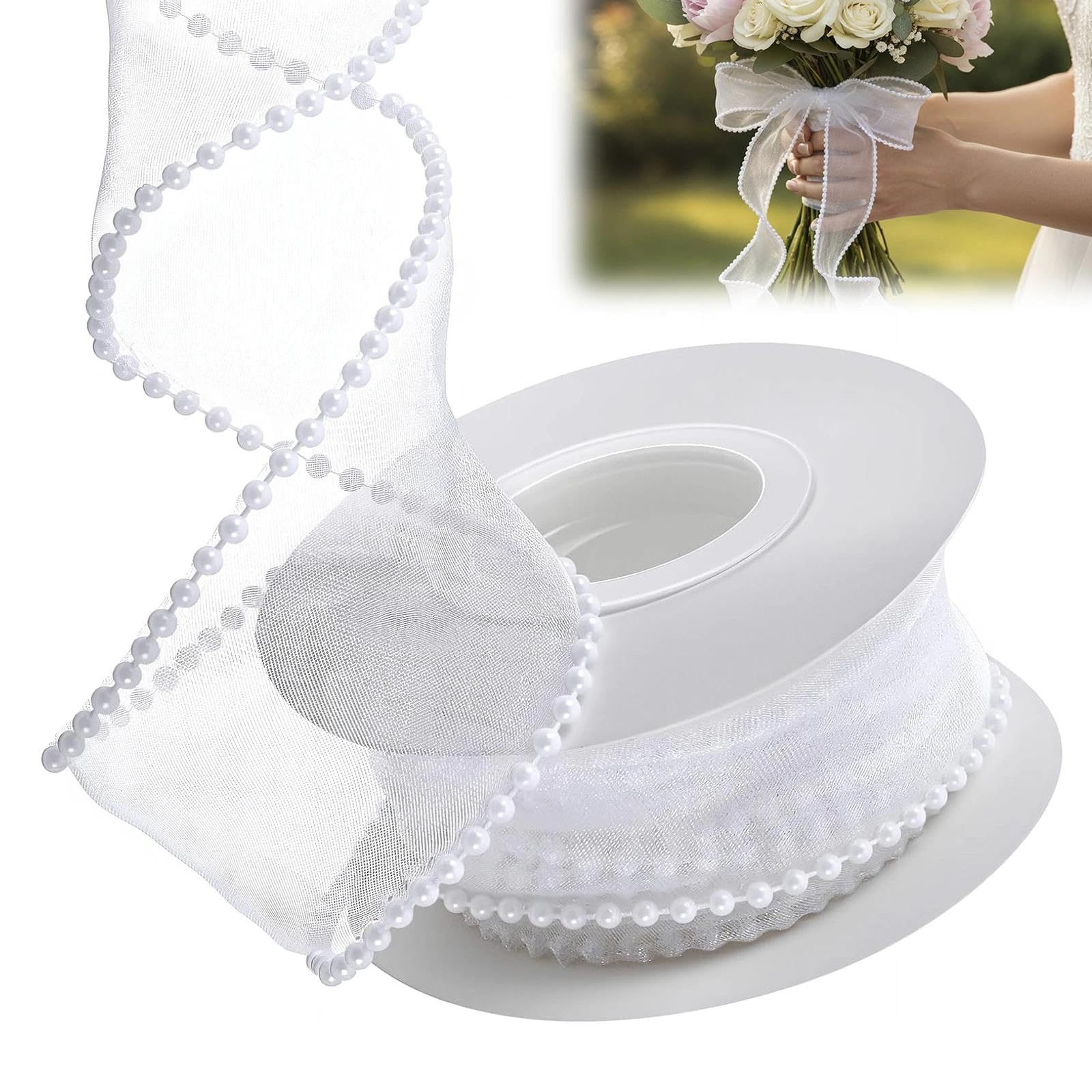 4.5M Faux Pearl Edge Organza Ribbon, 40mm Sheer Wired Ribbon for Gift Wrapping, Wedding Crafts, Bows & Bouquet Decor