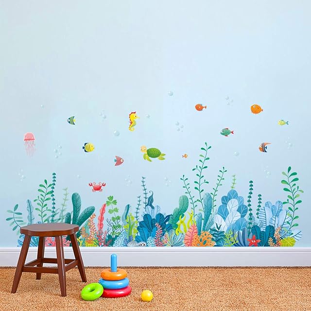 decalmile Under the Sea Seaweed Wall Corner Decals Fish Jellyfish Ocean Grass Baseboard Skirting Line Wall Stickers Baby Bedroom Bathroom Living Room Wall Décor