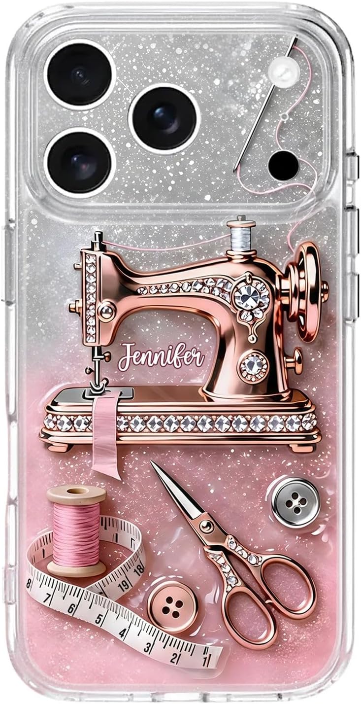 Custom Name Vintage Sewing Phone Case, Personalized 3D Inflated Effect Clear Phone Case, Gift for Crafters, Christmas Birthday Gifts for Women, Sewing Lovers Gift