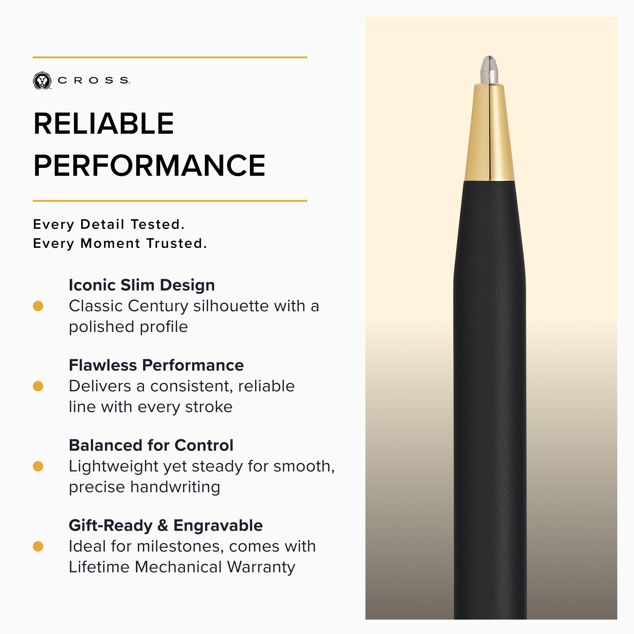 CROSS Classic Century - Stylo bille rechargeable - Pointe moyenne - Fini noir satiné - Avec attributs plaqués or 23 cts - Écrin classique et recharge incluse