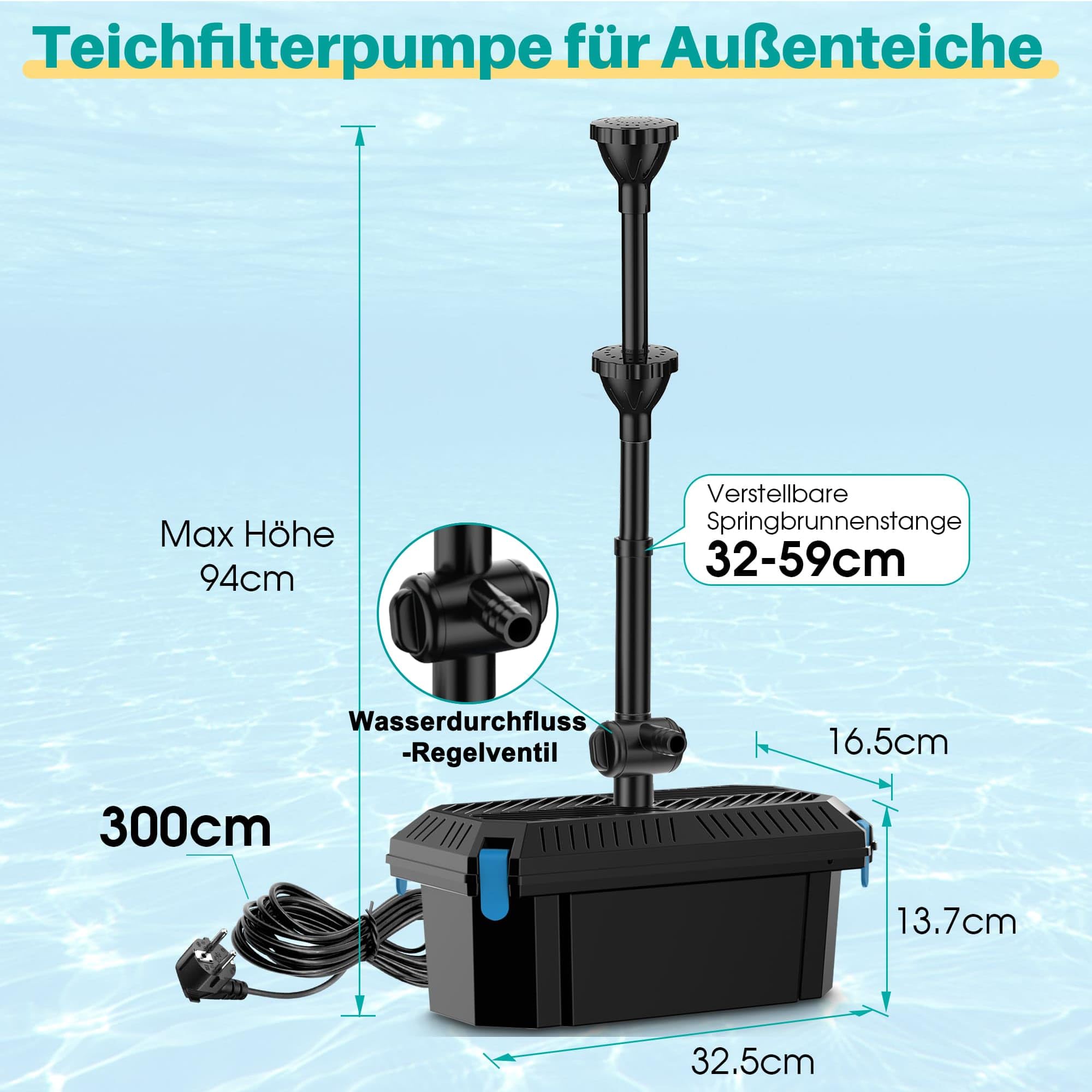 Pompe de Filtration de Bassin 40 W 2500 l/h, Filtre Tout-en-Un Valve Buses, Nettoyage 4000 l
