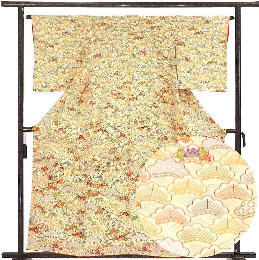 本日セール最終日！　単衣　本塩沢(塩沢御召)　観世水と植物　裄66cm 正絹 本塩沢】 製織：酒井織物 特選塩沢御召 ≪単衣仕立て・中古美品≫ 蚊絣