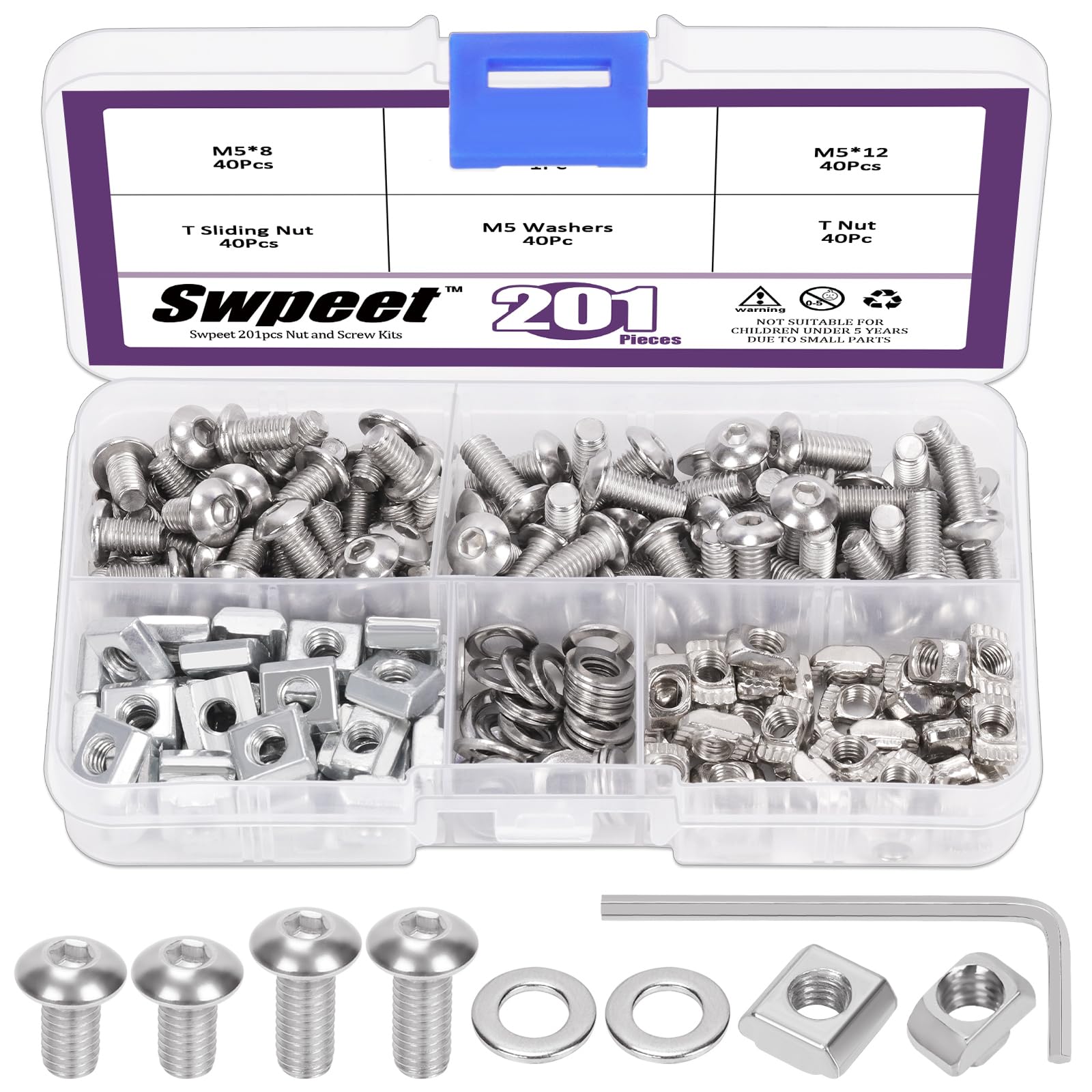 Swpeet 201Pcs M5 T-Nuts Screws Kit with Hex Socket Button Head Cap Screws Bolts, T Nuts, T Sliding Nuts, Washers, Wrench Kit, Socket Head Screws, T Nut Tee Sliding Nut for 2020 Series Aluminum