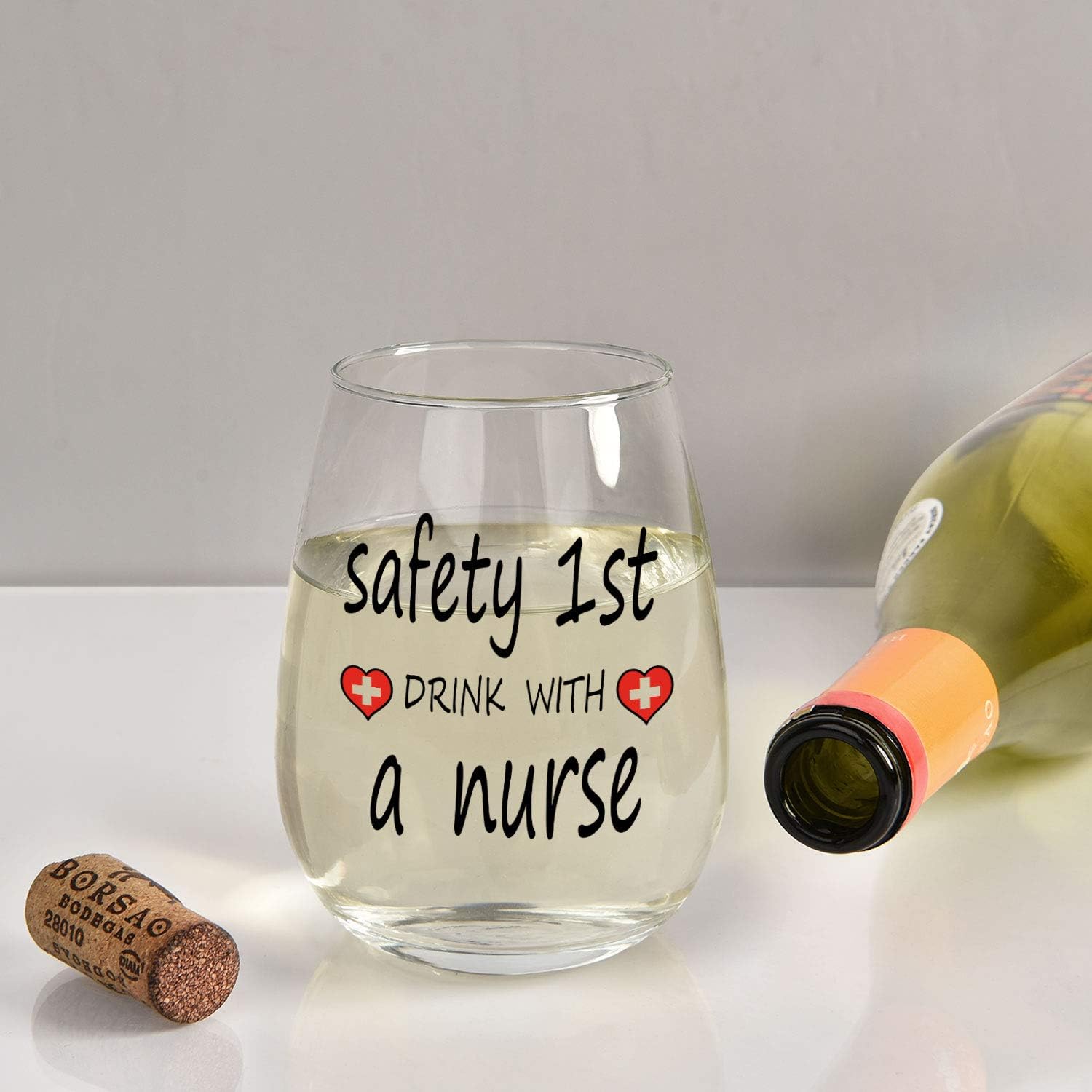 Creative Product Safety 1st Drink With A Nurse Wine Glass, 15Oz Funny Stemless Wine Glass - Nurse Gifts for Women, Men, Nursing Students, Practitioner, Coworker, Nursing School