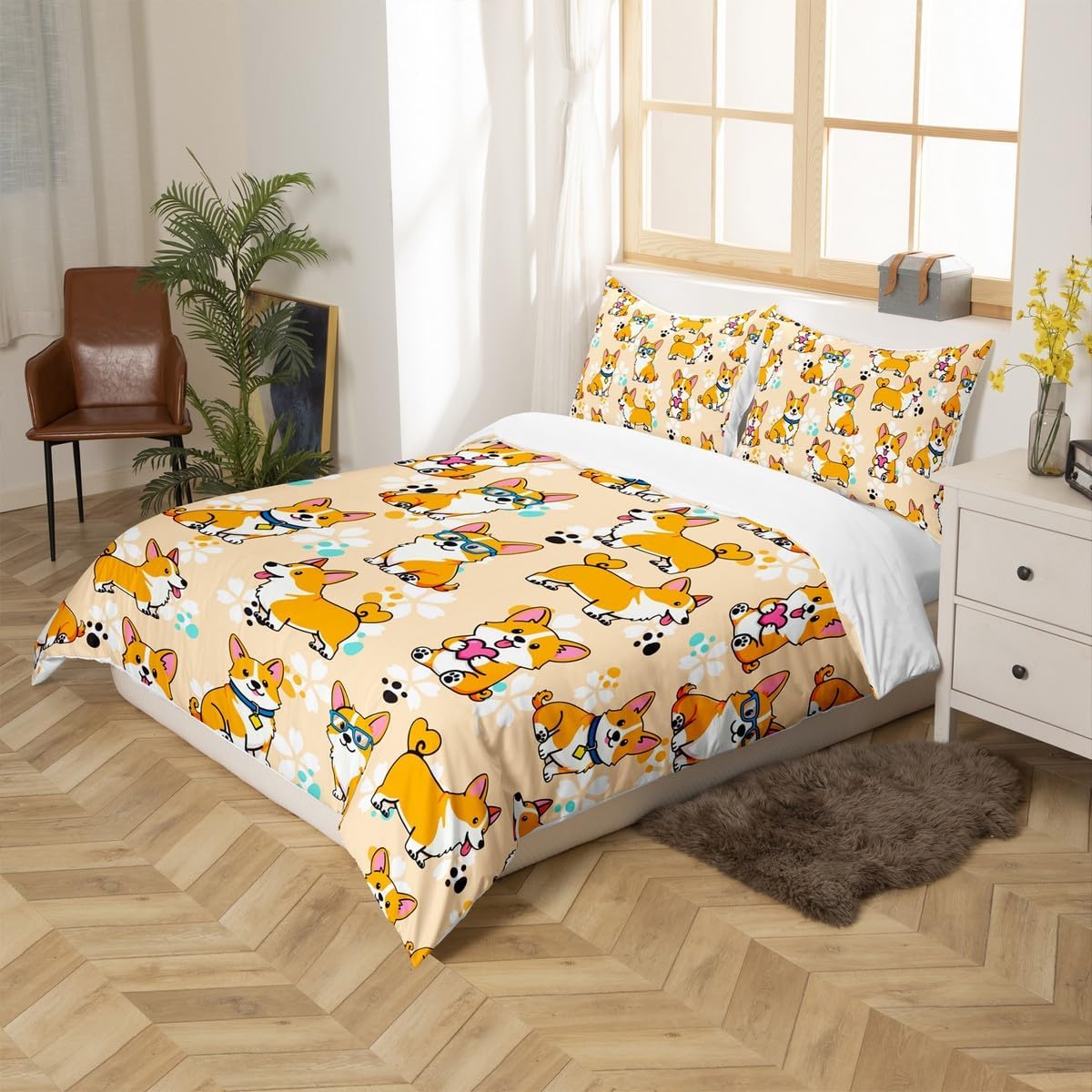 Cute Corgi Duvet Cover Set Twin Size,Smiling Dog Bedding Set 2pcs for Kids Teens Boys Room Decor, Cartoon Dog Paw Comforter Cover Kawaii Yellow Quilt Cover with 1 Pillowcase