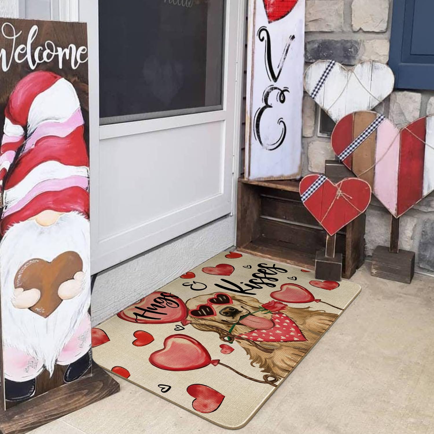 Faptoena Valentines Door Mat,Valentines Hearts Golden Retriever Hugs Kisses Indoor Outdoor Non-Slip Valentine Doormat,Entryway Front Porch Valentine's Welcome Mat for Entrance Decor 30" x 17"
