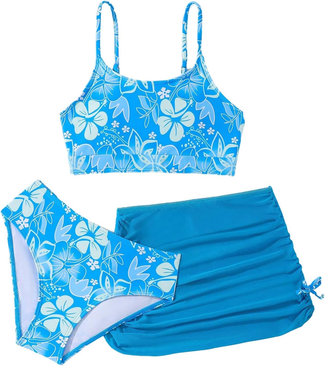 SOLY HUX Girl's Floral Print Swimsuits 3 Piece Bikini Set High Waisted Bathing Suit with Coverup Skirt