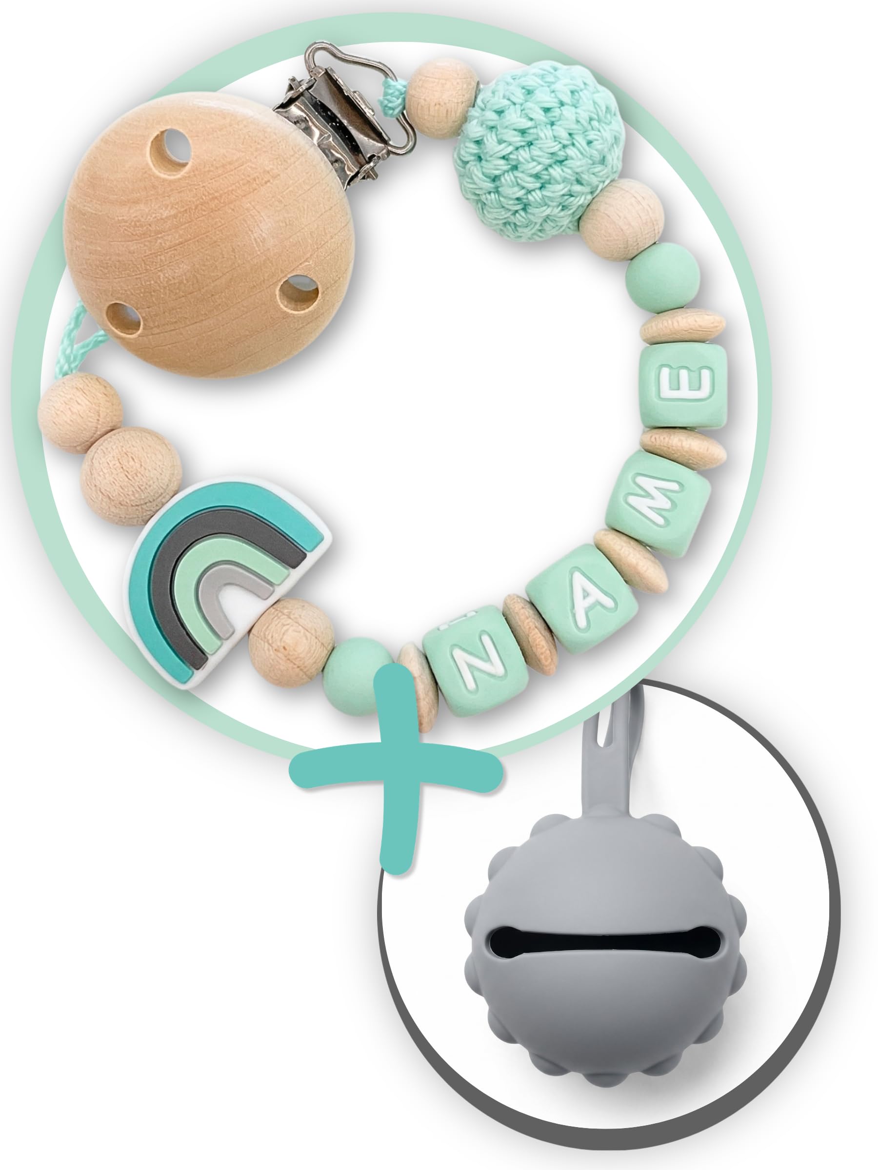 Schnullerkettenwelt Schnullerkette mit Namen - personalisiert aus Silikon und Holz für Baby Mädchen & Jungen mit Wunschname (Mint)