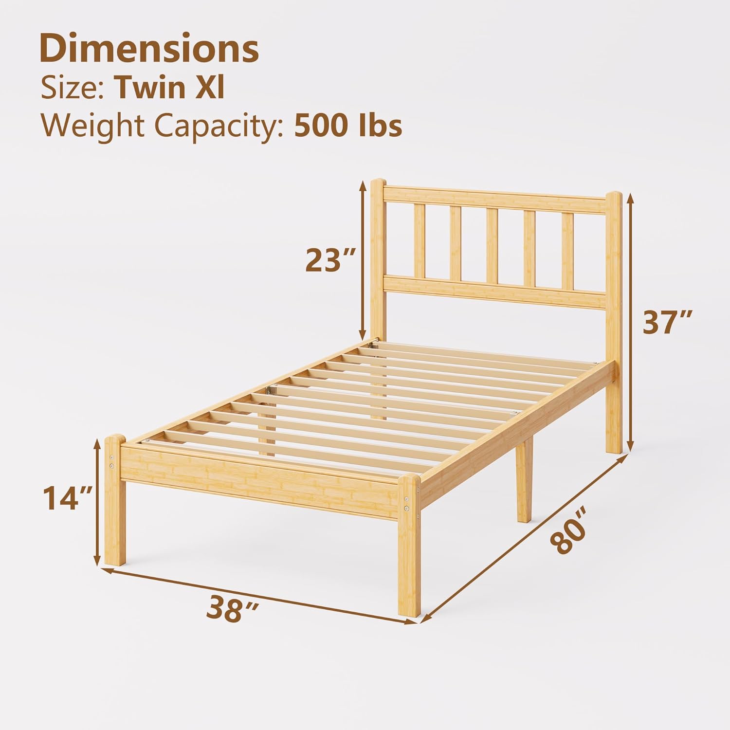 14 in High Solid Bamboo Wood Twin XL Bed Frame with Headboard, Platform Twin XL Size Bed Frame, Heavy Duty, No Box Spring Needed, Nosie Free - Image 2