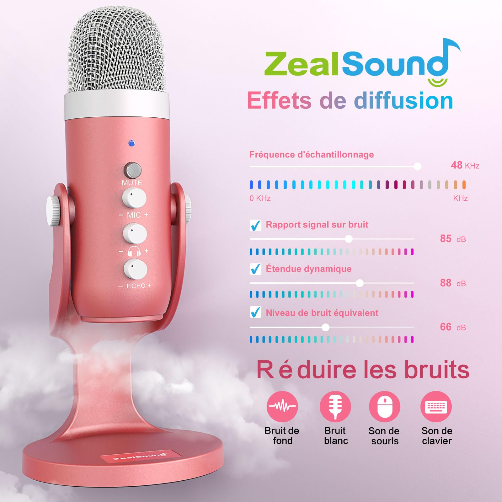 zealsound Micro USB, k66 Gaming Microphone de Jeu pour PC, téléphone, PS4 et PS5, Micro à condensateur cardioïde avec Button de sourdine et Gain pour Streaming, ASMR, podcasts, TikTok, Youtube- Rose