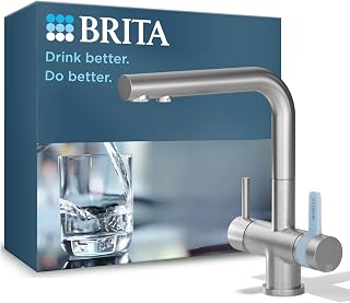 BRITA 3-Wege-Küchenarmatur (Edelstahl, eckig) inkl. 1 x BRITA P 1000 Wasserfilter – Küchenarmatur für gefiltertes und ungefiltertes Wasser direkt aus der Leitung