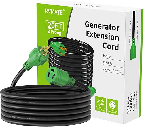 Miniatura 7 de RVMATE Cable de extensión para generador de 3 clavijas y 30 amperios, 20 pies, NEMA L5-30PL5-30R 125V SJTW Jacket