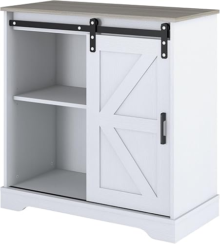 Panana Aparador con puerta corrediza de granero, aparador de buffet, gabinete de almacenamiento, cafetería, cocina, estilo granja (gabinete blanco
