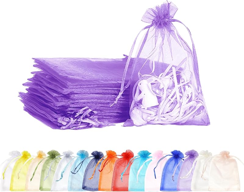 MORAINJAY Organza Ajándéktasak Szett - 100 db Világoslila Tasak Húzózsinórral, 9x12 cm, Esküvői, Ékszer, Levendula Tárolásra, Minimál Stílus