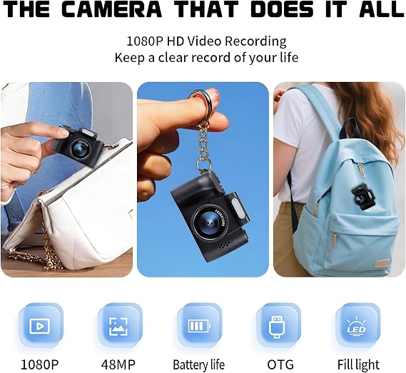Mini Keychain Camera, FHD 1080p 48MP Mini Digital Camera with 32GB SD Card, 1.3 HD Display, 100 Mins Battery Life Small for Travel Study Recording-Black